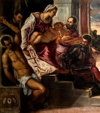 Tintoretto, Die Madonna dei Tesorieri mit der Jungfrau und dem Kind und den Heiligen Sebastian, Markus, Theodor, drei Kameraleute und ihre Sekretäre, in der Galleria dell'Accademia in Venedig.
