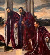 Le Tintoret, La Madonna dei Tesorieri avec la Vierge et l'Enfant et les Saints Sébastien, Marc, Théodore, trois camerlingues et leurs secrétaires, à la galerie de l'Accademia à Venise.