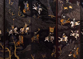 Paravent Chinois - Dignitaires à cheval en train de chasser, musée d'Art Oriental Ca' Pesaro de Venise en Italie