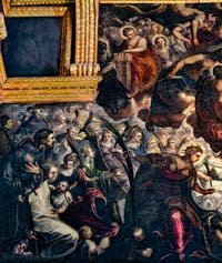 Tintorettos Paradies, die heilige Barbara, die heilige Justina, der heilige Dominikus, der heilige Franz von Assisi und der heilige Antonius von Padua im Dogenpalast in Venedig