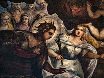 Le Paradis de Tintoret, détails de sainte Justine de Padoue et de sainte Lucie de Syracuse, au Palais des Doges de Venise
