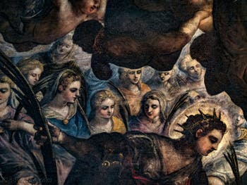 Tintorettos Paradies, die heilige Agnes (in Blau) und die heilige Justine, im Dogenpalast in Venedig