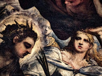 Tintorettos Paradies, die Gesichter der heiligen Justina von Padua und der heiligen Lucia von Syrakus, im Dogenpalast in Venedig