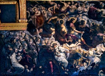 Die obere linke Ecke von Tintorettos Paradies-Gemälde im Dogenpalast in Venedig