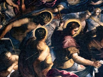 Tintorettos Paradies, der gekrönte Heilige Ludwig, der von Pfeilen durchbohrte Heilige Sebastian und der Heilige Rochus, im Dogenpalast in Venedig