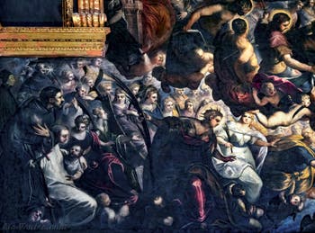 Tintorettos Paradies, der Heilige Franz von Assisi, die Heilige Katharina, der Heilige Bernhard, der Heilige Sebastian, der Heilige Rochus, die Heilige Justina, die Heilige Agnes und die Heilige Lucia, im Dogenpalast in Venedig