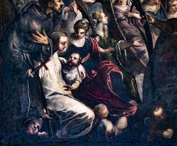 Le Paradis de Tintoret, saint Bernard de Clervaux avec le démon à ses pieds ou saint Antoine de Padoue avec l'enfant, au Palais des Doges de Venise