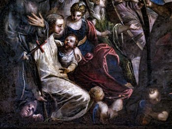 Tintorettos Paradies, St. Bernhard von Clervaux und der Dämon zu seinen Füßen, St. Antonius von Padua mit dem Kind unter dem Arm, im Dogenpalast in Venedig