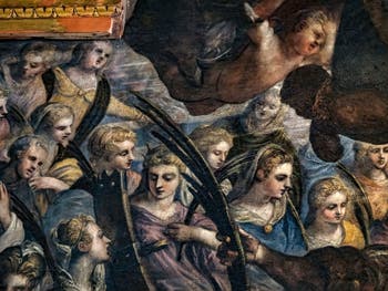 Le Paradis de Tintoret, Sainte Catherine d'Alexandrie et sa roue brisée et sainte Agnès en bleu, au Palais des Doges de Venise