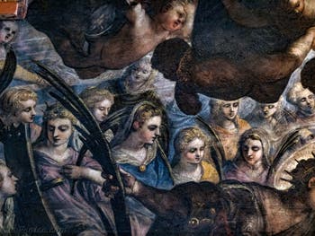 Tintorettos Paradies, die heilige Katharina von Alexandria und ihr zerbrochenes Rad mit der heiligen Agnes links von ihr in Blau, im Dogenpalast in Venedig