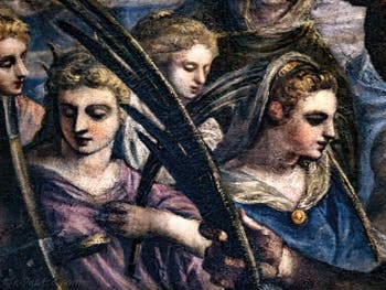 Tintorettos Paradies, die heilige Katharina von Alexandria in lila und die heilige Agnes in blau, im Dogenpalast in Venedig
