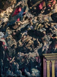 Tintorettos Paradies mit Moses und seinen Gesetzestafeln, dem heiligen Georg mit seiner Lanze, dem heiligen Laurentius und seinem Gitter, der heiligen Ursula, umgeben von Pfeilen, im Dogenpalast in Venedig