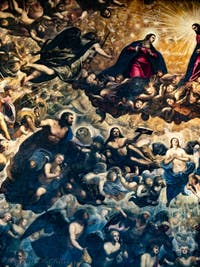 Tintorettos Paradies, Erzengel Gabriel, Jungfrau Maria, St. Markus und sein Löwe, St. Lukas und der Ochse, Erzengel Raphael, im Dogenpalast in Venedig