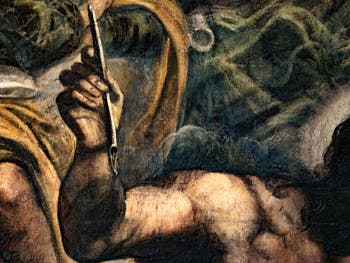 Le Paradis de Tintoret, saint Marc, détail de sa plume et de son bras, au Palais des Doges de Venise