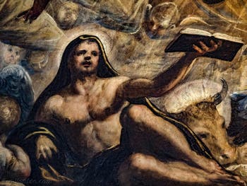 Tintorettos Paradies, St. Lukas, sein Buch und sein Ochse, im Dogenpalast in Venedig