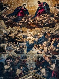 Le Paradis de Tintoret, Gabriel, la Vierge et le Christ, saint Luc, l 'archange Raphaël en prières et saint Matthieu, au Palais des Doges de Venise