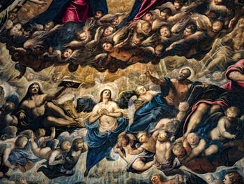 Tintorettos Paradies, Cherubinengel, St. Lukas und sein Ochse, Erzengel Raphael, St. Matthäus, im Dogenpalast in Venedig