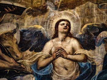 Tintorettos Paradies, der Ochse des heiligen Lukas und der betende Erzengel Raffael, im Dogenpalast in Venedig