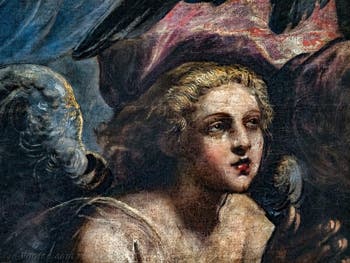 Le Paradis de Tintoret, ange féminin blond sous l'archange Raphaël, au Palais des Doges de Venise