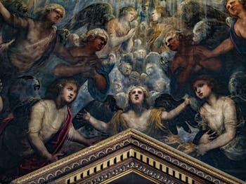 Tintorettos Paradies, die Engelswolke und der Wächterengel des Meeres unter dem Erzengel Raphael, im Dogenpalast in Venedig