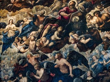 Tintorettos Paradies, der Erzengel Raffael, die Heiligen Matthäus und Johannes, Eva und Adam, im Dogenpalast in Venedig