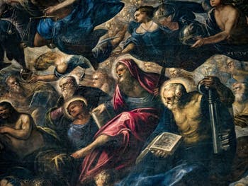 Tintorettos Paradies, Throne und Fürstentümer, der Heilige Philippus mit seinem Kreuz, der Heilige Bartholomäus mit seinem Messer, der Heilige Petrus mit seinem Schlüssel, im Dogenpalast in Venedig