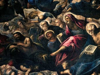 Tintorettos Paradies, der Heilige Thomas mit seinem Winkelmaß, der Heilige Philipp mit seinem Kreuz, der Heilige Bartholomäus mit seinem Messer, im Dogenpalast in Venedig
