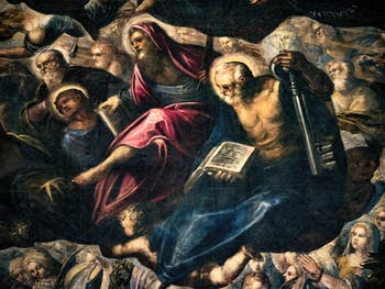 Tintorettos Paradies, St. Philippus mit Kreuz, St. Bartholomäus mit Messer, St. Petrus mit Schlüssel, im Dogenpalast von Venedig