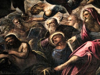 Tintorettos Paradies, St. Thomas mit seinem Winkelmaß, St. Philippus mit seinem Kreuz, St. Bartholomäus, im Dogenpalast in Venedig