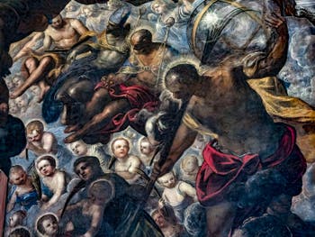 Tintorettos Paradies, St. Nikolaus und die drei Sphären, Rachel und ihre Kinder, St. Christophorus und seine Weltkugel, im Dogenpalast in Venedig