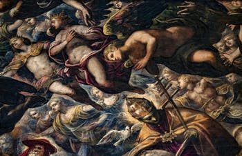 Le Paradis de Tintoret, saint Grégoire le Grand, père de l'église, sa colombe et sa tiare pontificale, au Palais des Doges de Venise