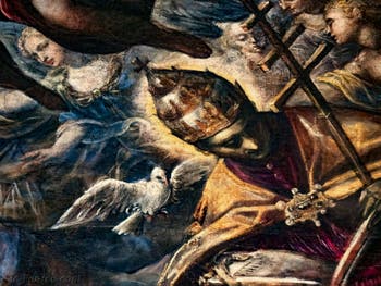 Le Paradis de Tintoret, saint Grégoire le Grand, père de l'église, sa colombe et sa tiare pontificale, au Palais des Doges de Venise