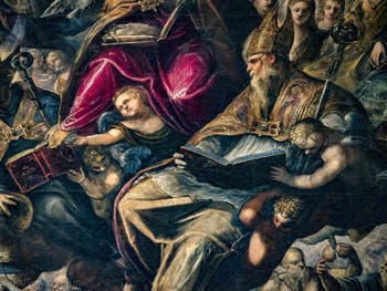 Le Paradis de Tintoret, saint Augustin, sa crosse d'évêque et son livre, au Palais des Doges de Venise