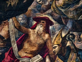Le Paradis de Tintoret, saint Jérôme ermite avec sa bible et son chapeau de cardinal, saint Ambroise, au Palais des Doges de Venise