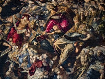 Le Paradis de Tintoret, les quatres pères de l'église latine, saint Jérôme ermite avec son chapeau de cardinal, saint Ambroise de Milan, saint Grégoire le Grand et saint Augustin, au Palais des Doges de Venise
