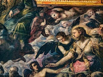 Tintorettos Paradies, die Heilige Maria Magdalena, deren entblößte Brust teilweise von ihrem langen Haar bedeckt ist und die eine Duftvase hält, im Dogenpalast in Venedig