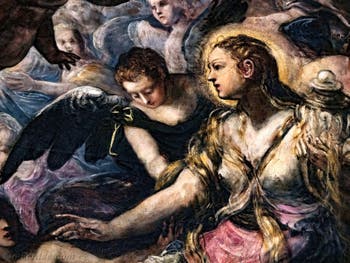 Le Paradis de Tintoret, Sainte Marie-Madeleine, à la poitrine dénudée et ses longs cheveux et un vase à parfums, au Palais des Doges de Venise