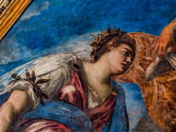 Le Tintoret, le Doge Girolamo Priuli reçoit de la Justice la balance et le glaive, plafond de l'Atrium carré du Palais des Doges à Venise