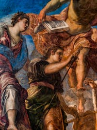 Tintoretto, der Doge Girolamo Priuli erhält von der Gerechtigkeit die Waage und das Schwert, Decke des quadratischen Atriums des Dogenpalastes in Venedig