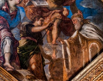 Tintoretto, der Doge Girolamo Priuli erhält von der Justiz die Waage und das Schwert, Decke des quadratischen Atriums des Dogenpalastes in Venedig
