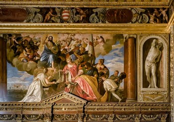 Paul Véronèse, Sebastiano Venier assisté des Saint Mauro et Giustinia, entre la Foi et Venise, remercie le Rédempteur pour la victoire de Lépante, Salle du Collège du Palais des Doges de Venise
