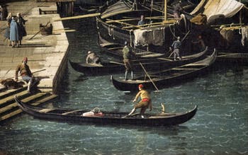Canaletto, Le Grand Canal vu du Pont du Rialto vers la Ca' Foscari à Venise, bateliers Pescaria San Bartolomeo, Galerie Nationale Barberini à Rome