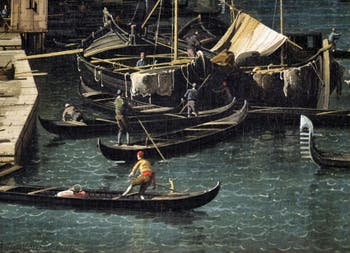 Canaletto, Der Canal Grande von der Rialtobrücke aus gesehen in Richtung Ca' Foscari in Venedig, Bootsleute Pescaria San Bartolomeo, Nationalgalerie Barberini in Rom