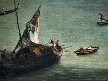 Canaletto, Le Grand Canal vu du palais Balbi jusqu’au pont du Rialto, bateau à voiles sur le Grand Canal, à la Ca' Rezzonico à Venise
