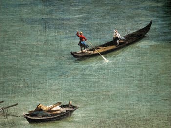 Canaletto, Le Grand Canal vu du palais Balbi jusqu’au pont du Rialto, bateau à rames sur le Grand Canal, à la Ca' Rezzonico à Venise