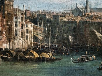 Canaletto, Le Grand Canal vu du palais Balbi jusqu’au pont du Rialto, bateaux devant le pont du Rialto, à la Ca' Rezzonico à Venise