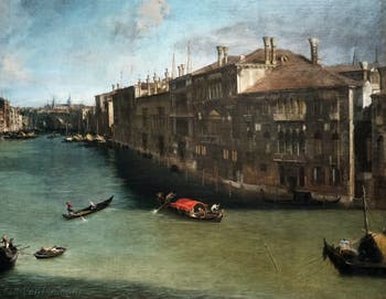 Canaletto, Der Canal Grande vom Palazzo Balbi bis zur Rialtobrücke gesehen, Boote und Paläste am Canal Grande, in der Ca' Rezzonico in Venedig