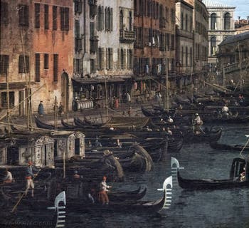 Canaletto, Le Grand Canal de Venise et le Pont du Rialto vu du Sud, gondoles et bateaux Riva del Vin, Galerie Nationale Barberini à Rome