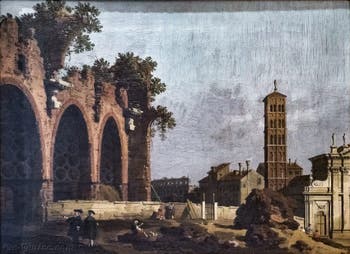 Canaletto, Vue du Forum avec la Basilique de Maxence et Constantin et l’église Santa Francesca Romana, Galerie Borghèse à Rome