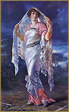 Mariano Fortuny : Portrait d'Henriette en 1935, drapée dans un châle de soie imprimée “Knossos”